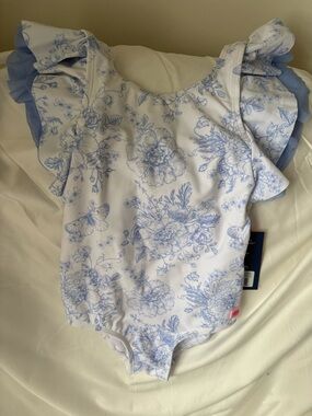 Ruffle Butts White and Light Blue Floral Ruffle One-Piece Swimsuit